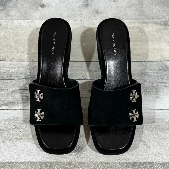 TORY BURCH T-Lock Wedge Sandal - Perfect Black Suede - Size - 7.US